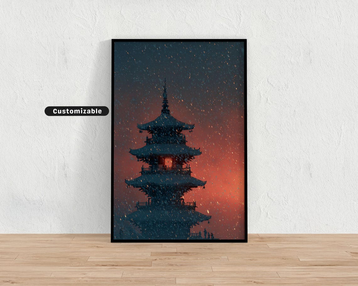 Pagoda Roof Seen Through Falling Snow In Twilight Japanese Wall Art Print Zen Asian Decor