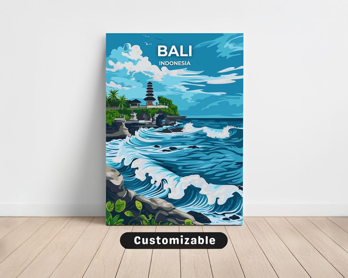 Bali Indonesia Temple Cliff Ocean Waves Vintage Travel Art Poster