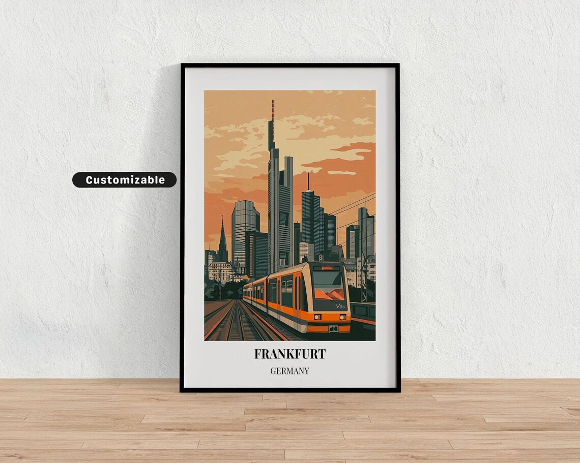 Frankfurt Germany Vintage Tram City Skyline Sunset Travel Poster