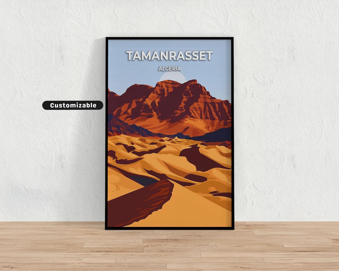 Tamanrasset Algeria Sahara Desert Dunes Mountain Vintage Travel Poster