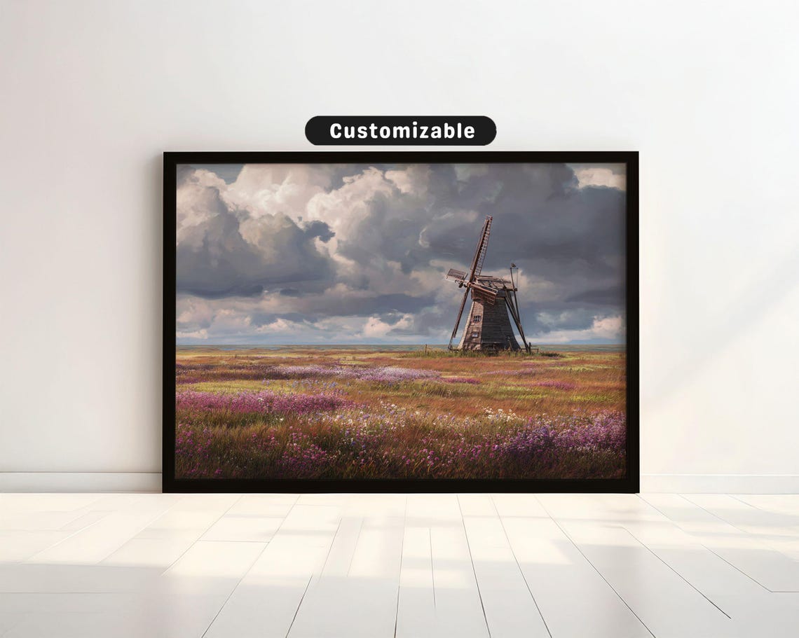 Windmill Over Wildflower Meadow Stormy Clouds Scenic Art Poster