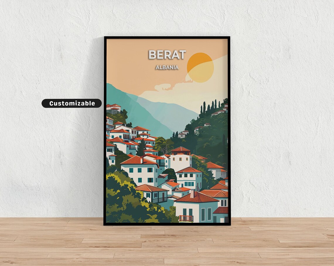 Berat Albania Travel Poster Hillside White Houses Red Roofs Vintage