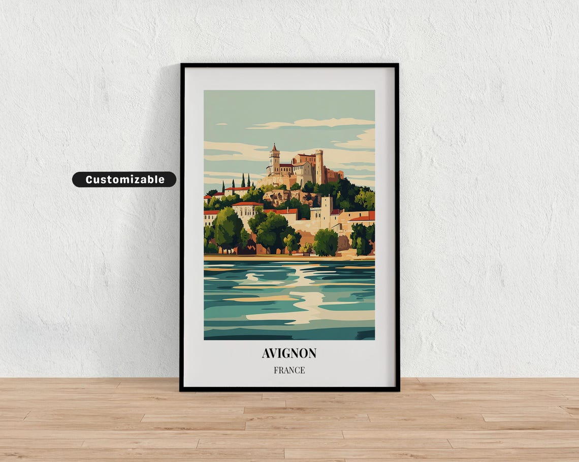 Avignon France Riverside Castle Golden Hour Vintage Style Poster