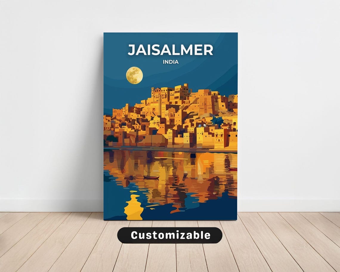 Jaisalmer India Night Moon Golden Fort Water Reflection Poster