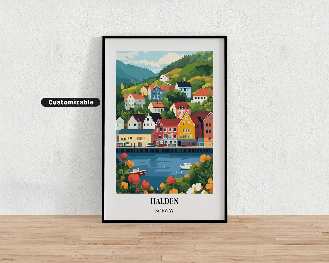 Halden Norway Flower Garden Harbor Colorful Houses Travel Poster