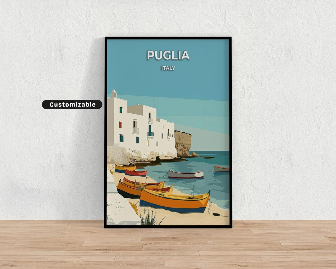 Puglia Italy Whitewashed Seaside Town Fishing Boats Travel Poster