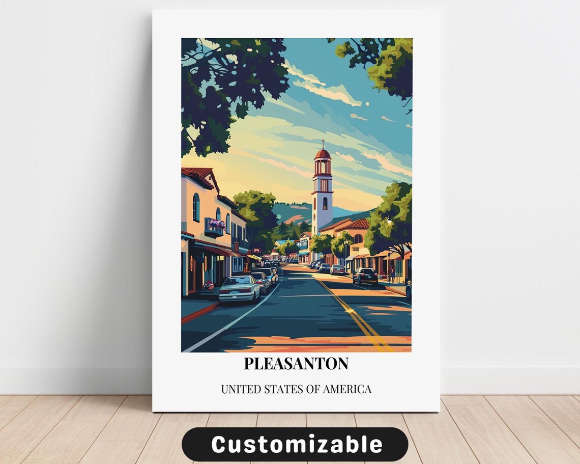 Pleasanton California Main Street Clock Tower Travel Art Poster