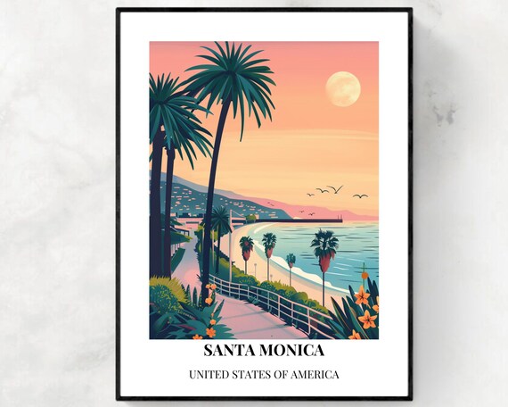 Santa Monica Beach Pier Palm Trees Sunset Scenic Travel Art Poster