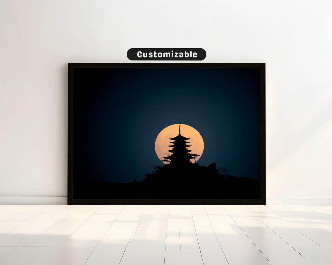 Full Moon Japanese Pagoda Silhouette Minimalist Zen Night Sky Wall Art