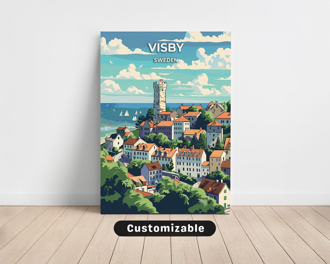 Visby Sweden Seaside Town Medieval Tower Harbor Retro Travel Poster