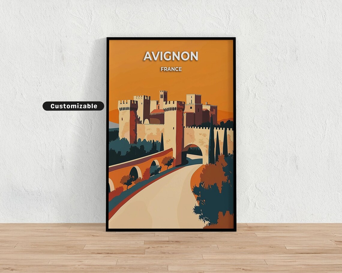 Avignon France Medieval Palace Sunset City Wall Travel Poster