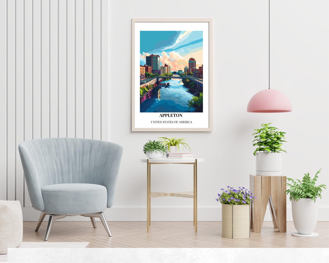 Appleton Wisconsin River Bridge Downtown Skyline Bottom Title Poster - Image 2