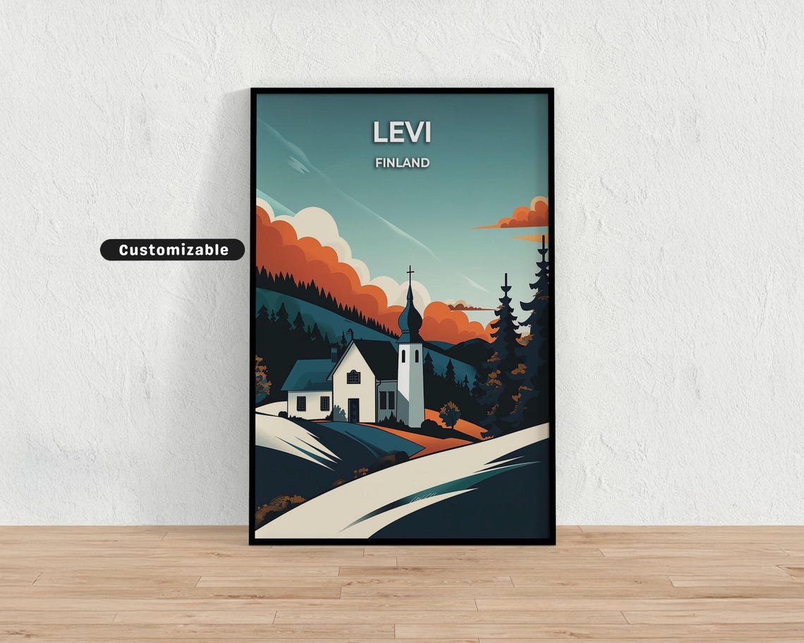 Levi Finland Snowy Chapel Village Twilight Nordic Winter Poster