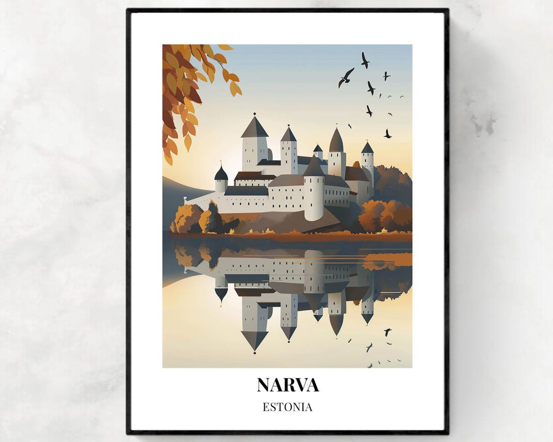 Narva Estonia Minimalist Castle Reflection Lake Birds Travel Poster