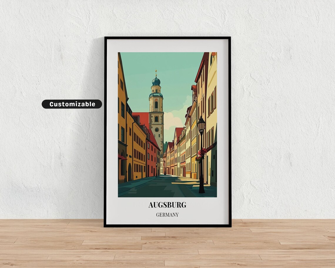 Augsburg Germany Old Town Street Church Tower Vintage Travel Poster