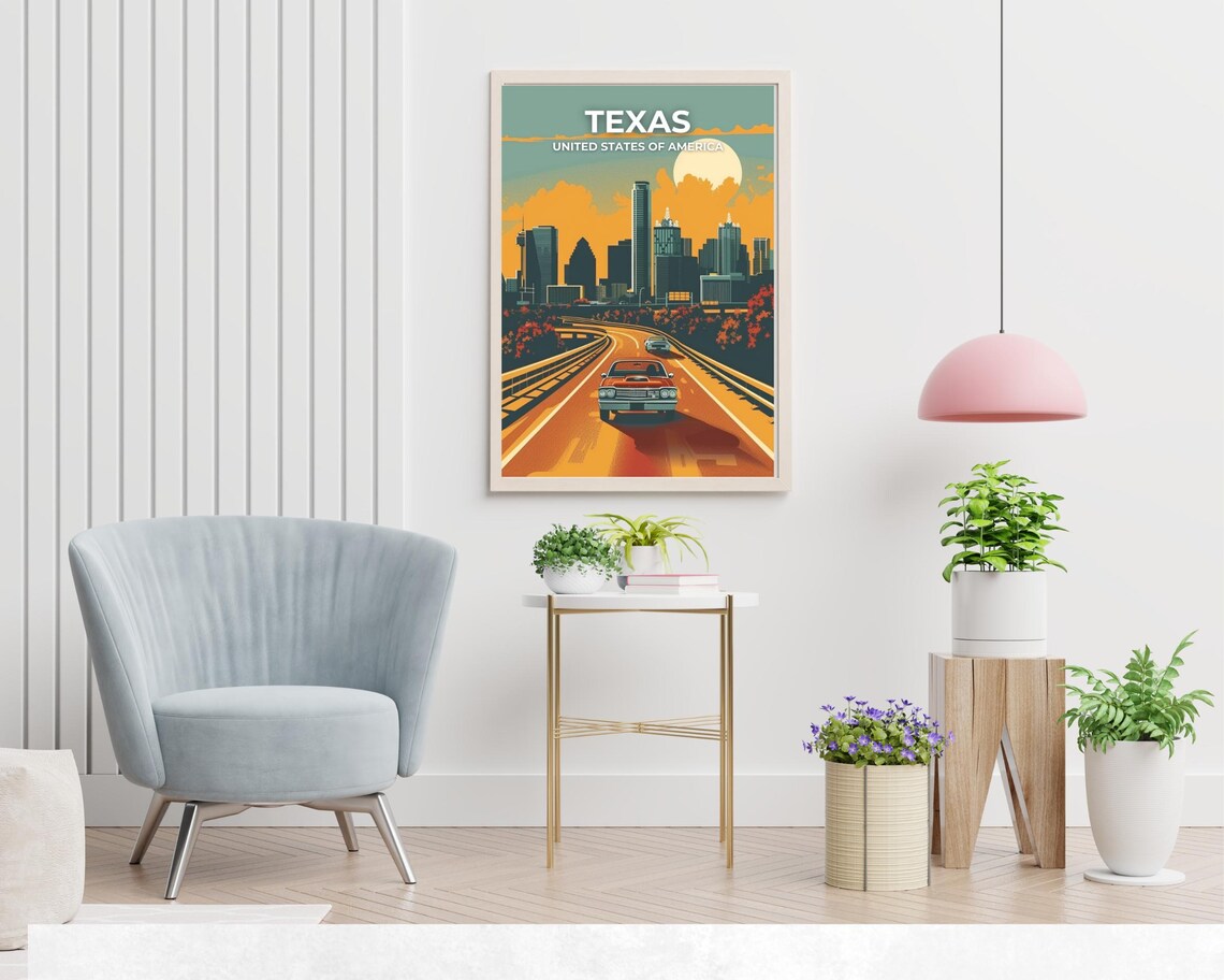 Texas City Skyline Sunset With Classic Car on Highway Travel Poster - Image 2