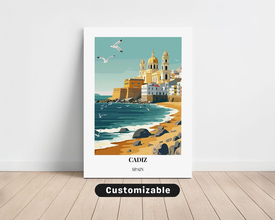 Cadiz Spain Coast Cathedral Seagulls Sunny Beach Travel Poster