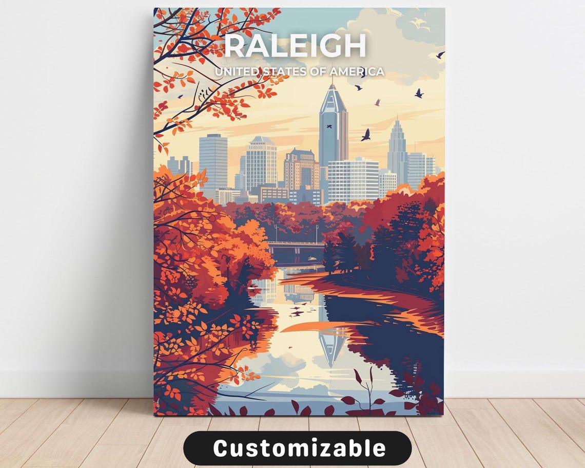 Raleigh Fall Foliage Travel Poster Autumn River Skyline City Sunset