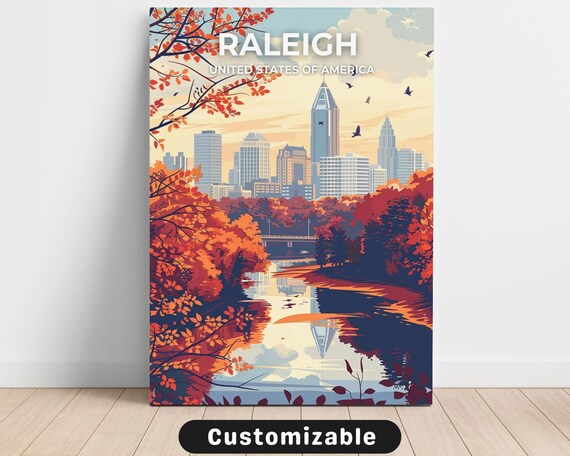 Raleigh Fall Foliage Travel Poster Autumn River Skyline City Sunset