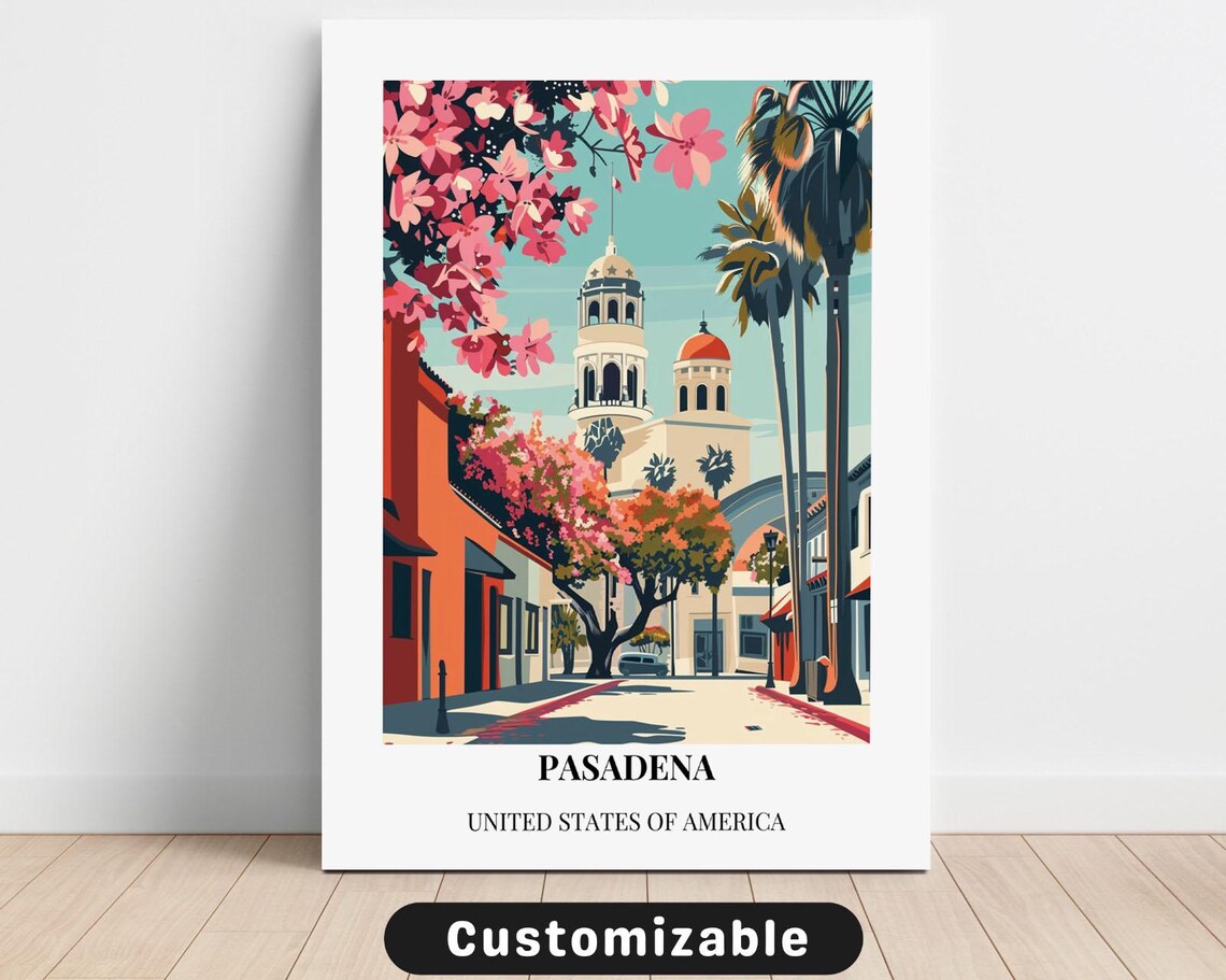 Pasadena Blossom Lined Street Vintage Cityscape Travel Art Poster