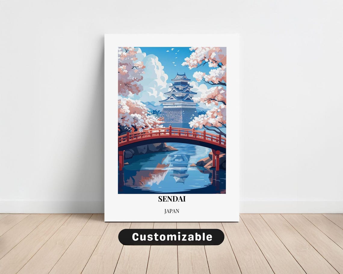 Sendai Japan Cherry Blossom Castle Travel Illustration Poster