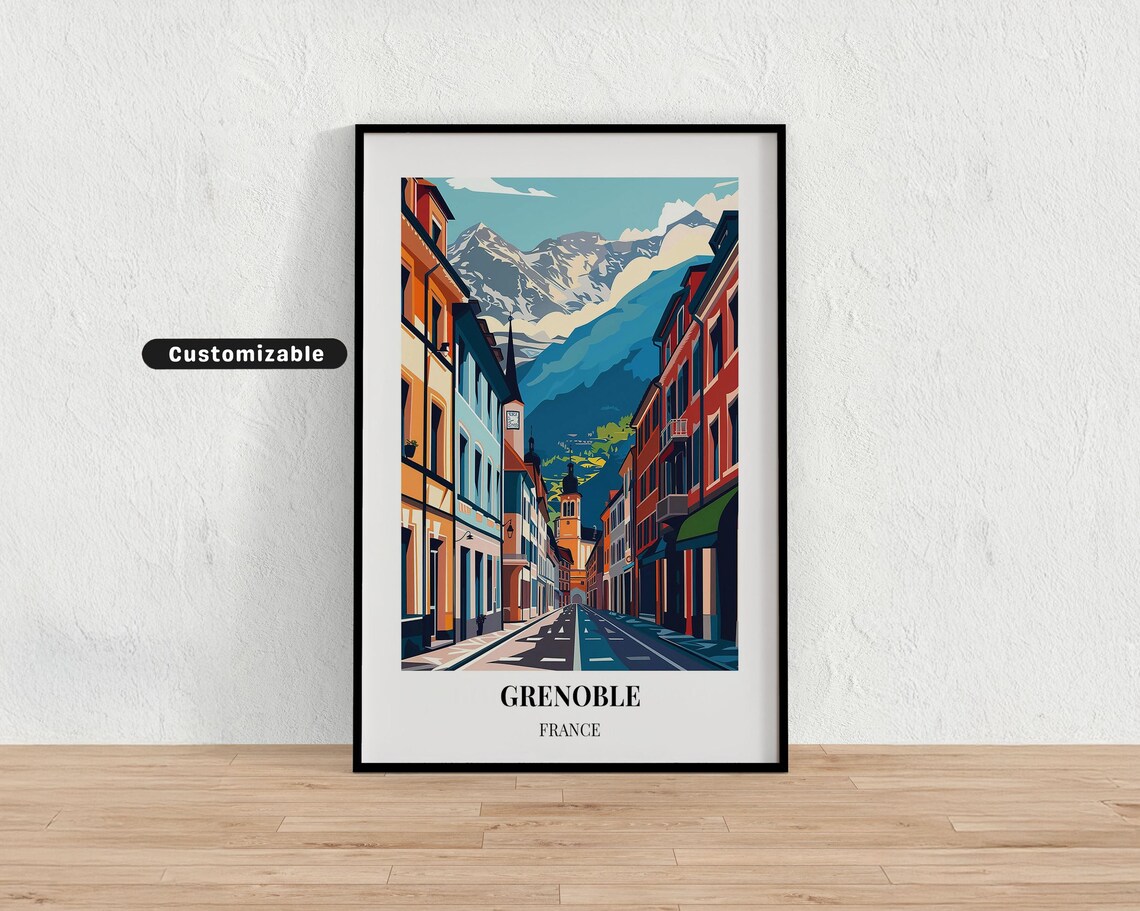 Grenoble France Travel Art Alpine Street Snowy Mountain Vintage Print