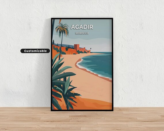 Agadir Morocco Kasbah Fort Beach Curve Palm Sunset Travel Poster