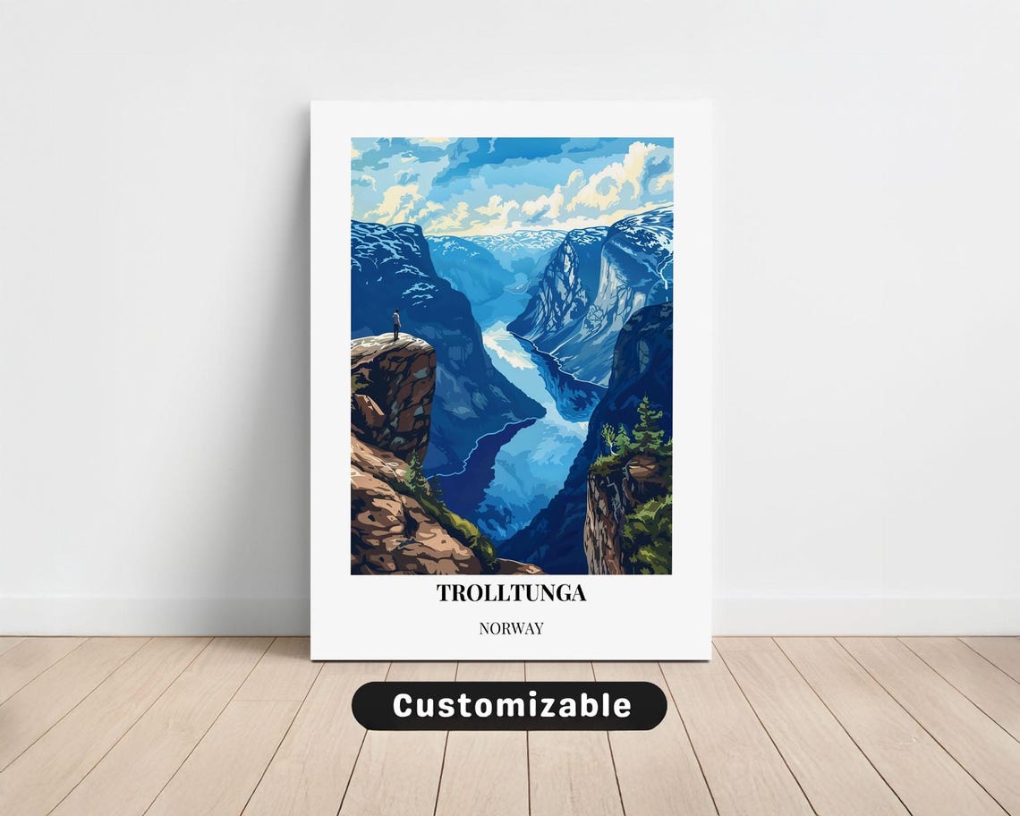 Trolltunga Norway Dramatic Fjord Cliffs Vintage Blue Travel Art Poster