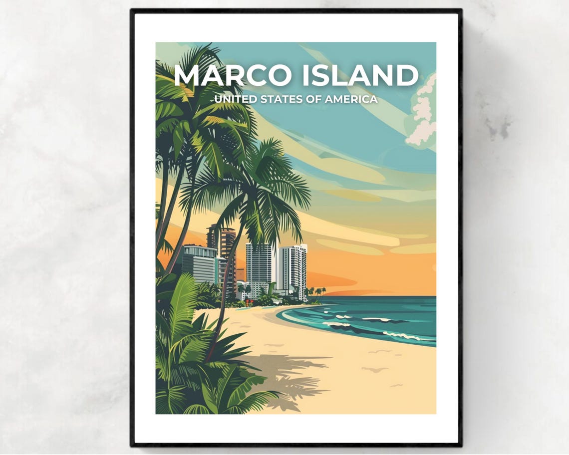Marco Island Florida Sunset Beach Palm Trees Vintage Travel Poster