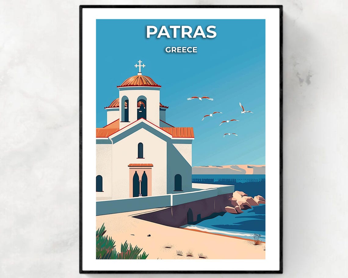 Patras Greece White Seaside Chapel Seagulls Blue Coast Travel Poster