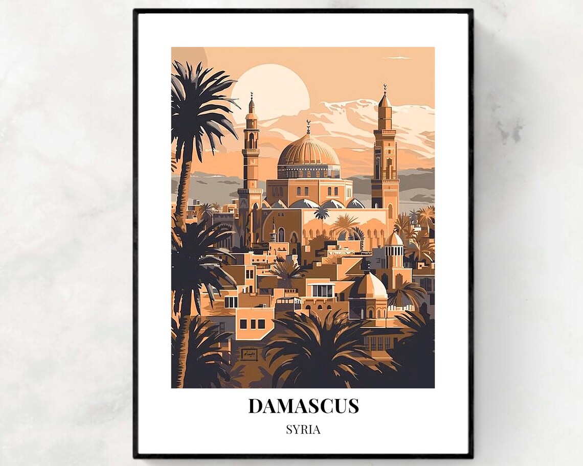 Damascus Syria Grand Mosque Minarets Palm Trees Mountain View Poster