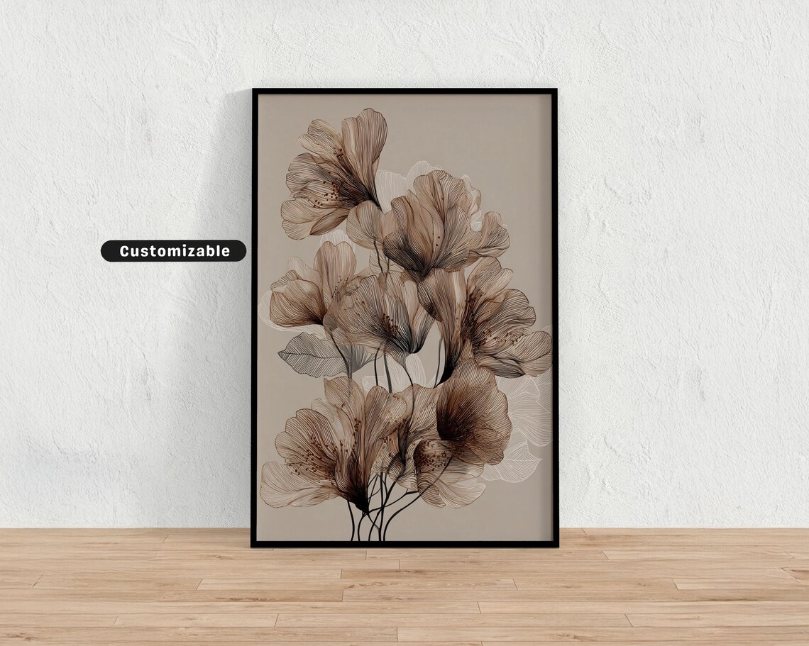 Sepia Transparent Floral Line Art Neutral Botanical Wall Poster