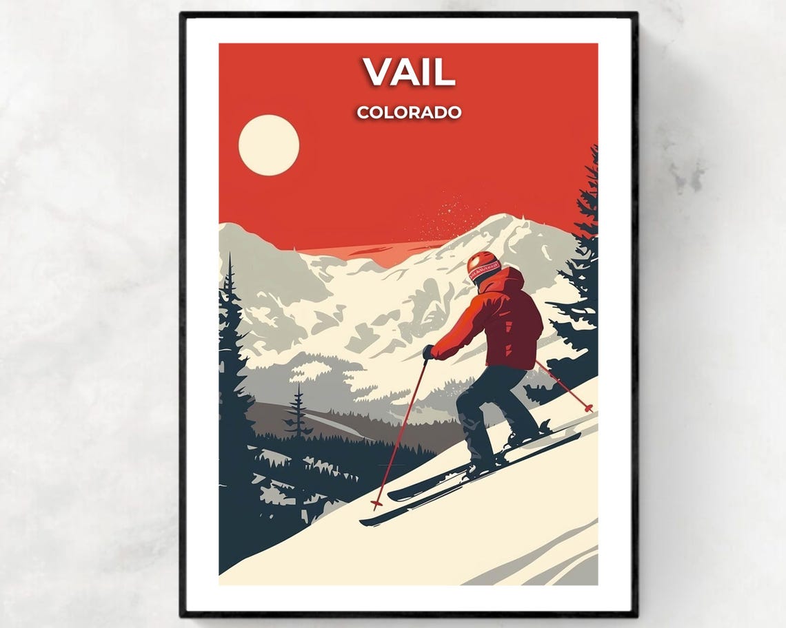Vail Colorado Red Sky Sunset Skier Speeding Down Snowy Slope Poster