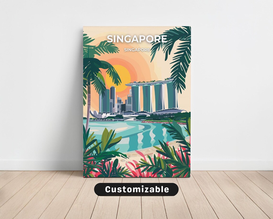 Singapore Travel Poster Marina Bay Sands Sunset Palm Trees Art