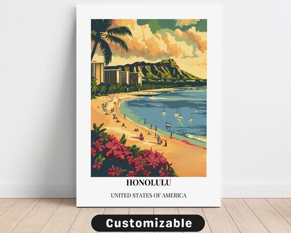 Honolulu Waikiki Beach Minimalist Vintage Tropical Travel Poster