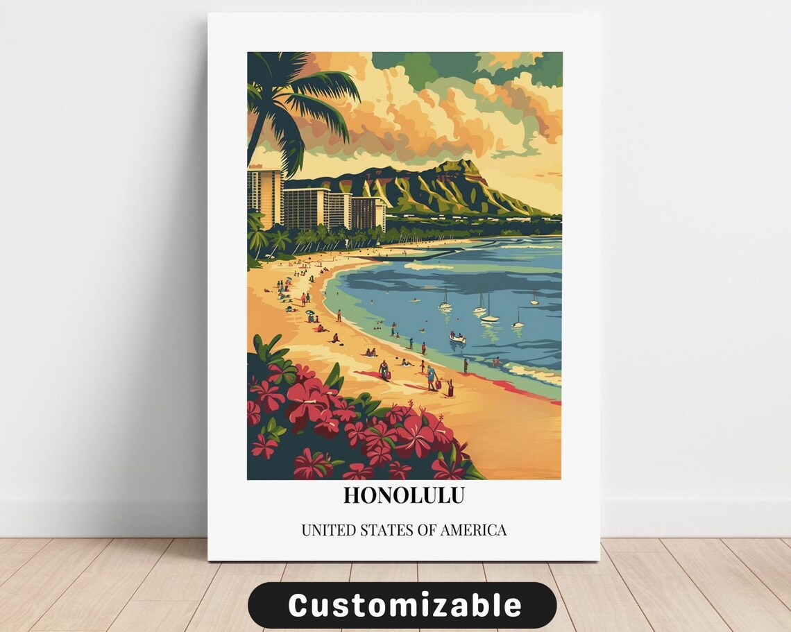 Honolulu Waikiki Beach Minimalist Vintage Tropical Travel Poster