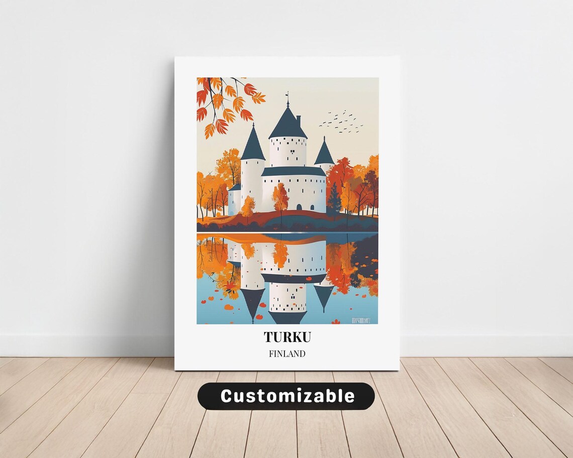 Turku Finland Autumn Castle Reflection Vintage Travel Poster