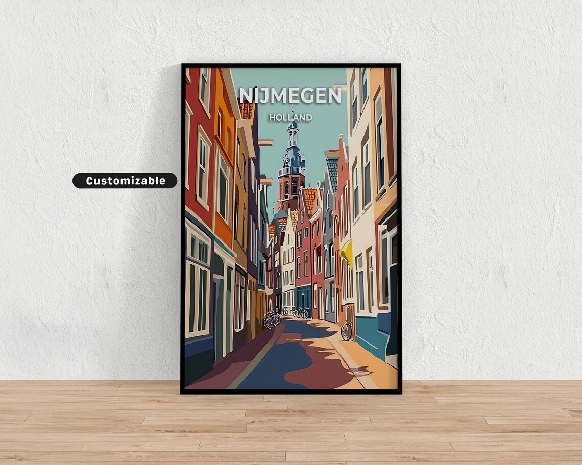 Nijmegen Holland Narrow Street with Bicycles and Tower Travel Poster