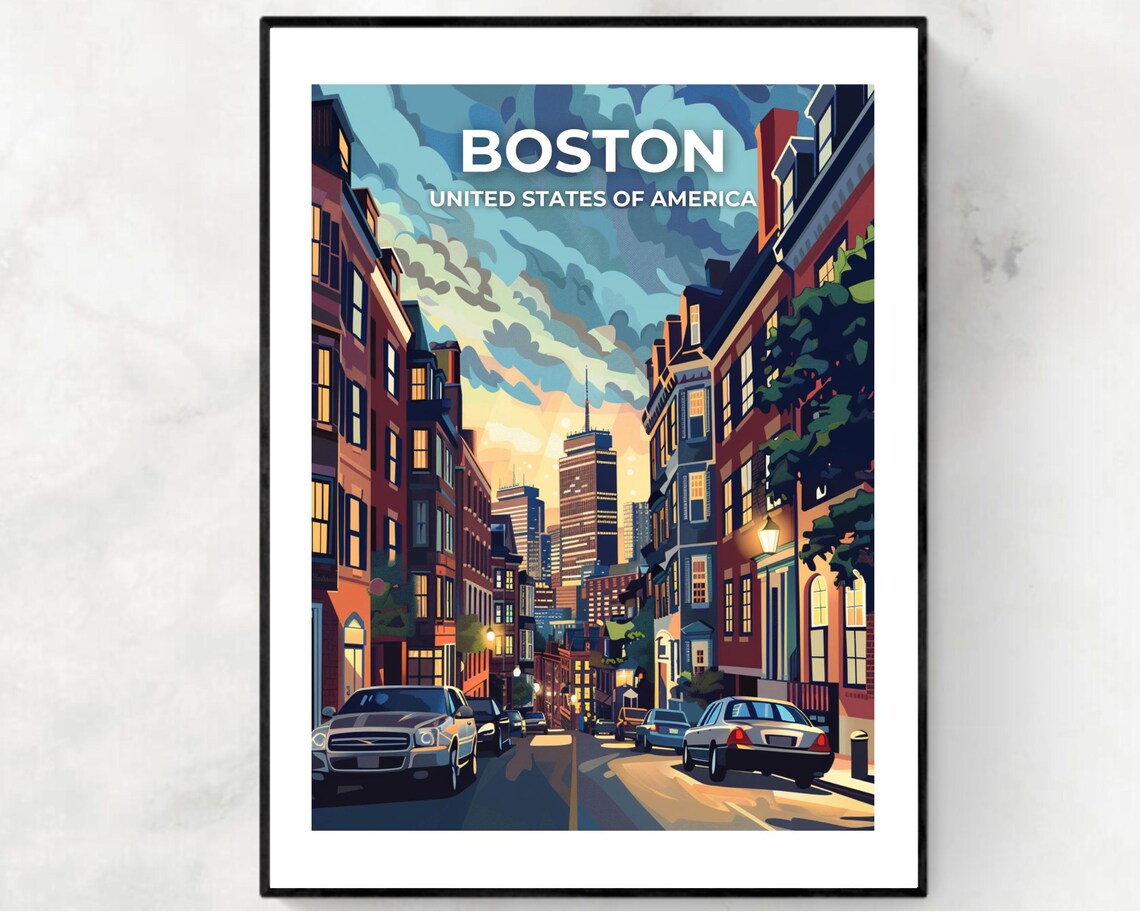 Boston Brownstone Street Sunset Skyline Dramatic Sky Travel Poster