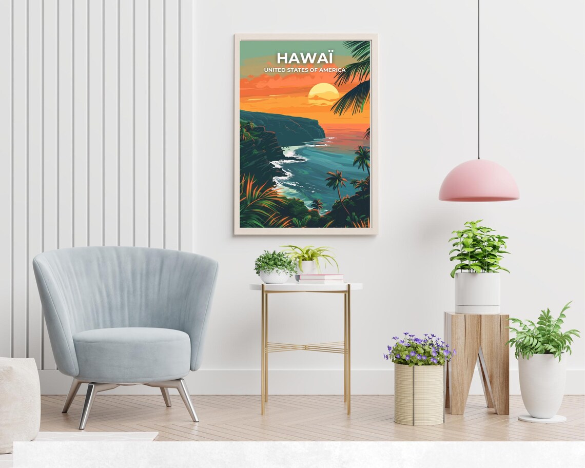 Hawaii Big Island Sunset Coast Palms Cliffs Golden Travel Poster - Image 2