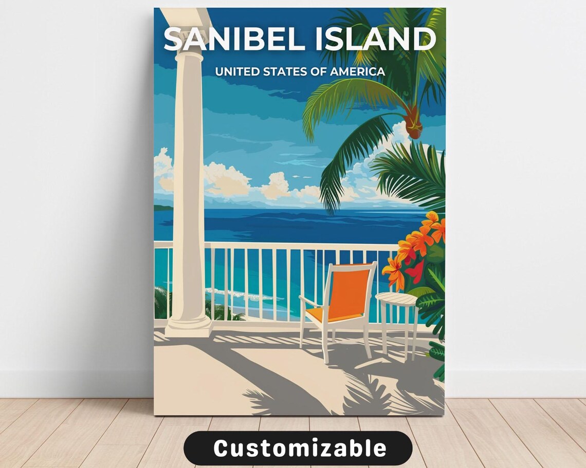 Sanibel Island Florida Porch Ocean View Vintage Travel Poster