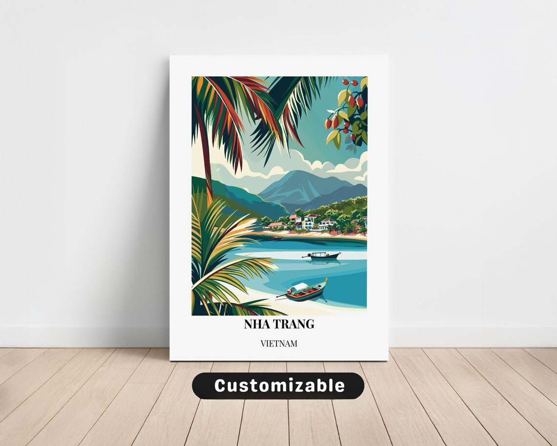 Nha Trang Vietnam Beach Boats Palm Bay Vintage Travel Art Poster
