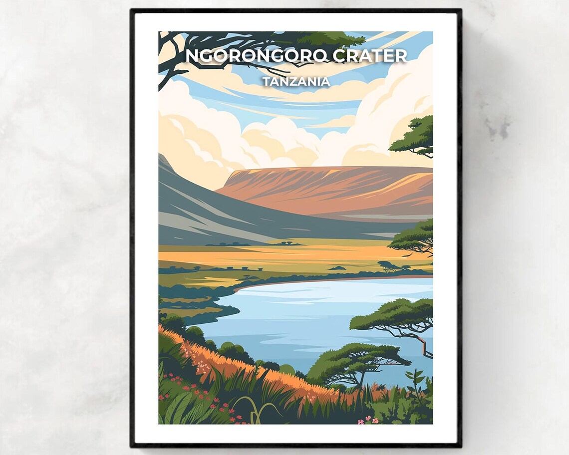 Ngorongoro Crater Tanzania Safari Lake Landscape Travel Poster
