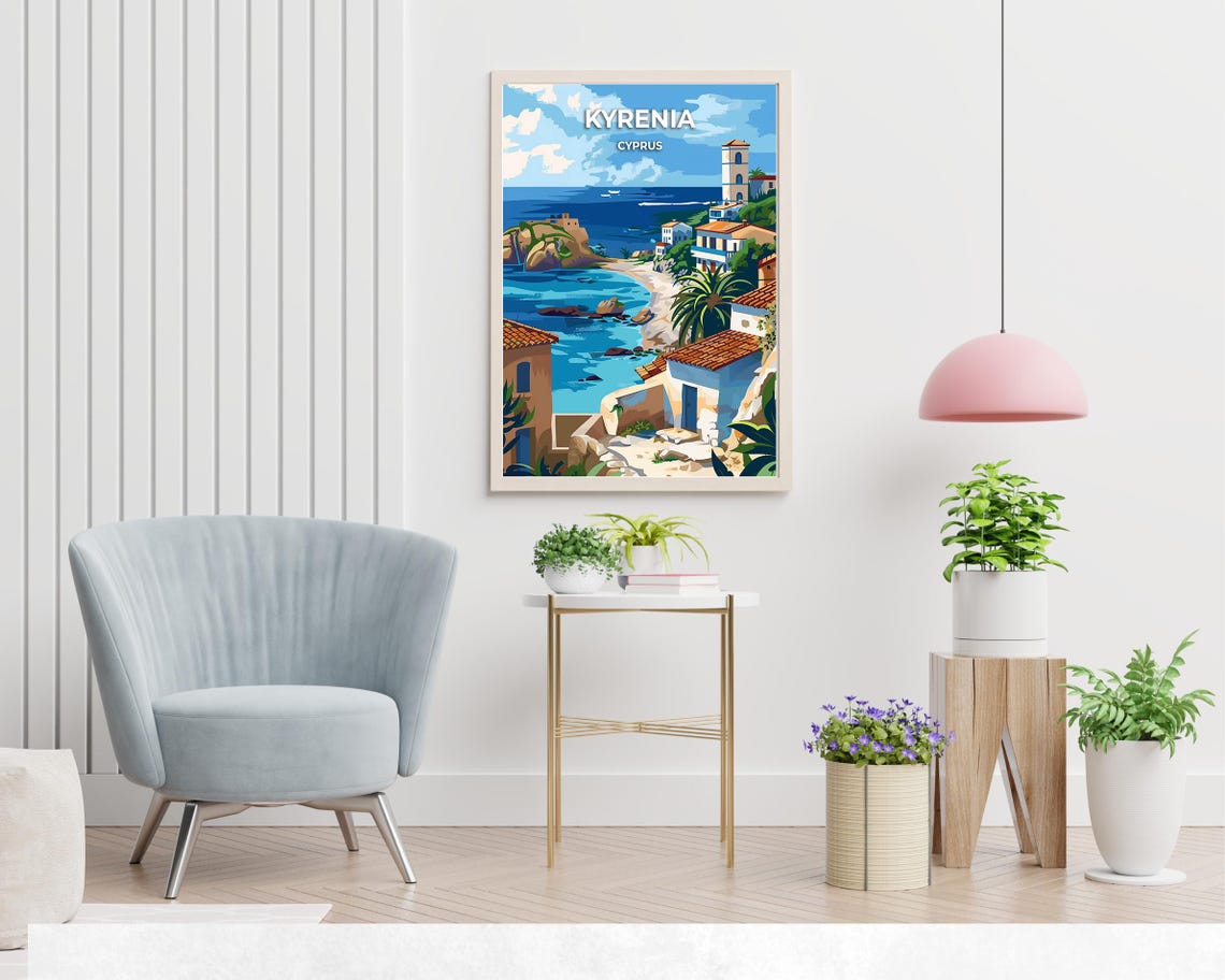 Kyrenia Cyprus Coast Harbor Bay Vintage Travel Illustration Poster - Image 2