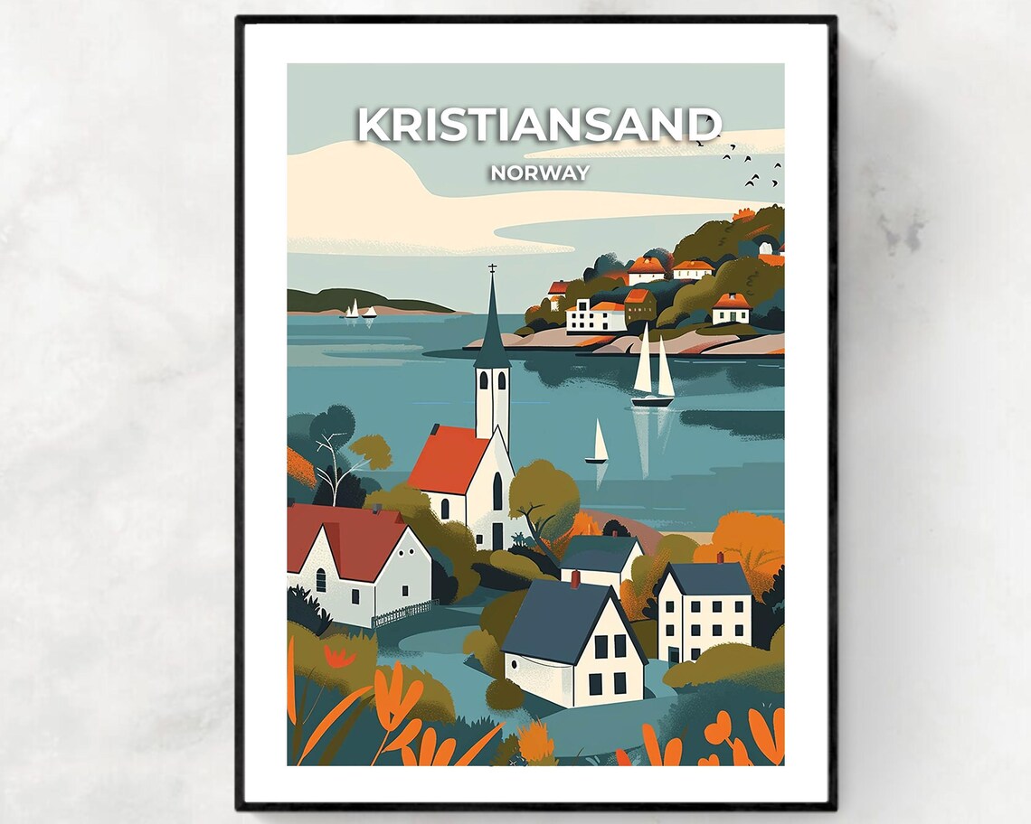 Kristiansand Norway Coastal Village With Church And Sailboats Poster
