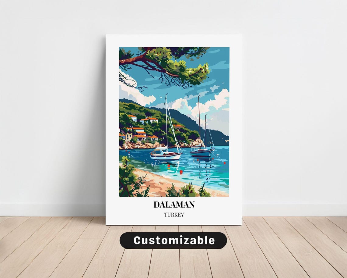 Dalaman Turkey Travel Poster With Sailboats On Turquoise Bay Art