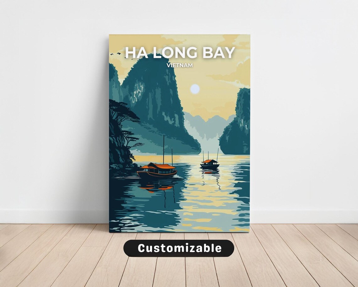 Ha Long Bay Vietnam Limestone Karsts Boat Sunset Travel Poster