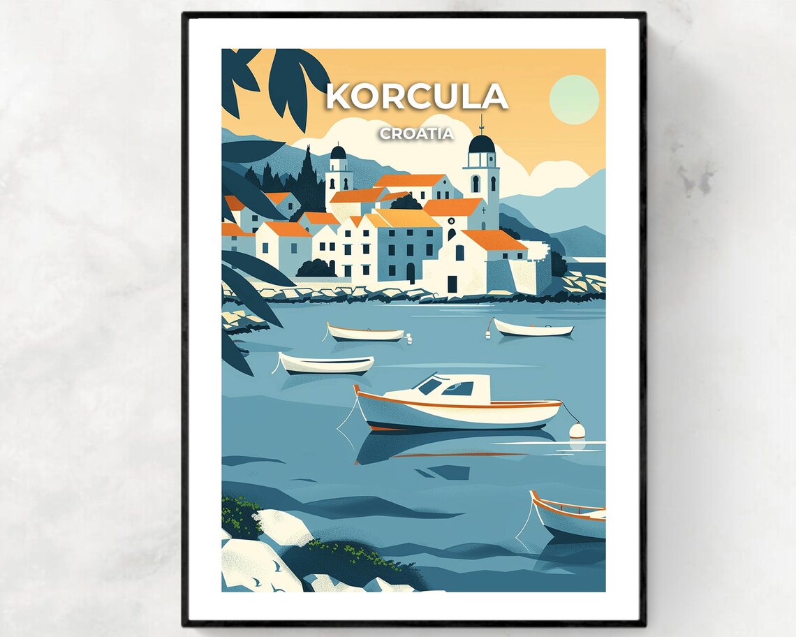 Korcula Croatia Old Town Harbor Sunset Travel Illustration Poster