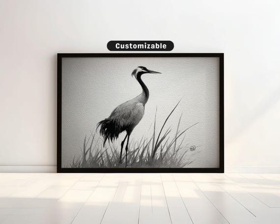 Ink And Wash Drawing Of Crane With Tall Reeds Japanese Wall Art Print Zen Asian Decor