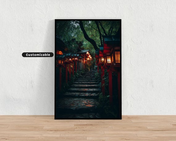 Pathway Of Red Lanterns Leading Up Hill In Kyoto Japanese Wall Art Print Zen Asian Decor